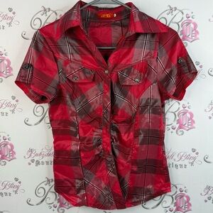 AMD t-shirt, shiny material, cargo style, top y2k Red and Black Plaid Shirt